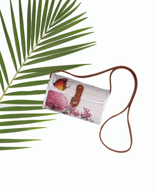 Pink flower with butterfly white rectangular bag