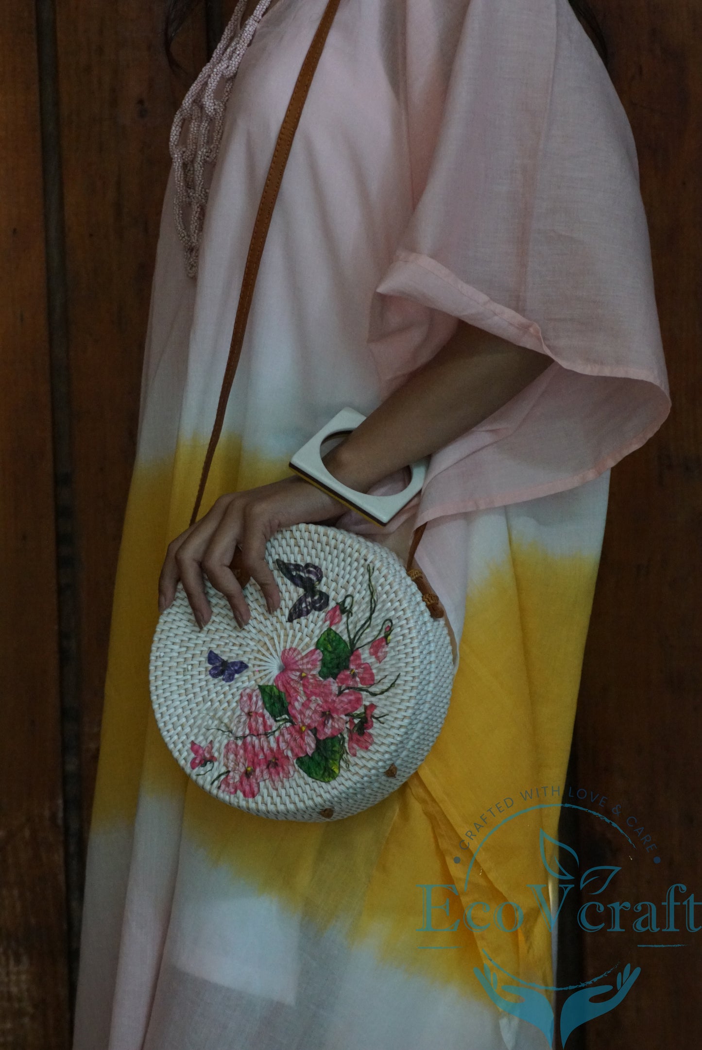 Pink Flower White Round Bag