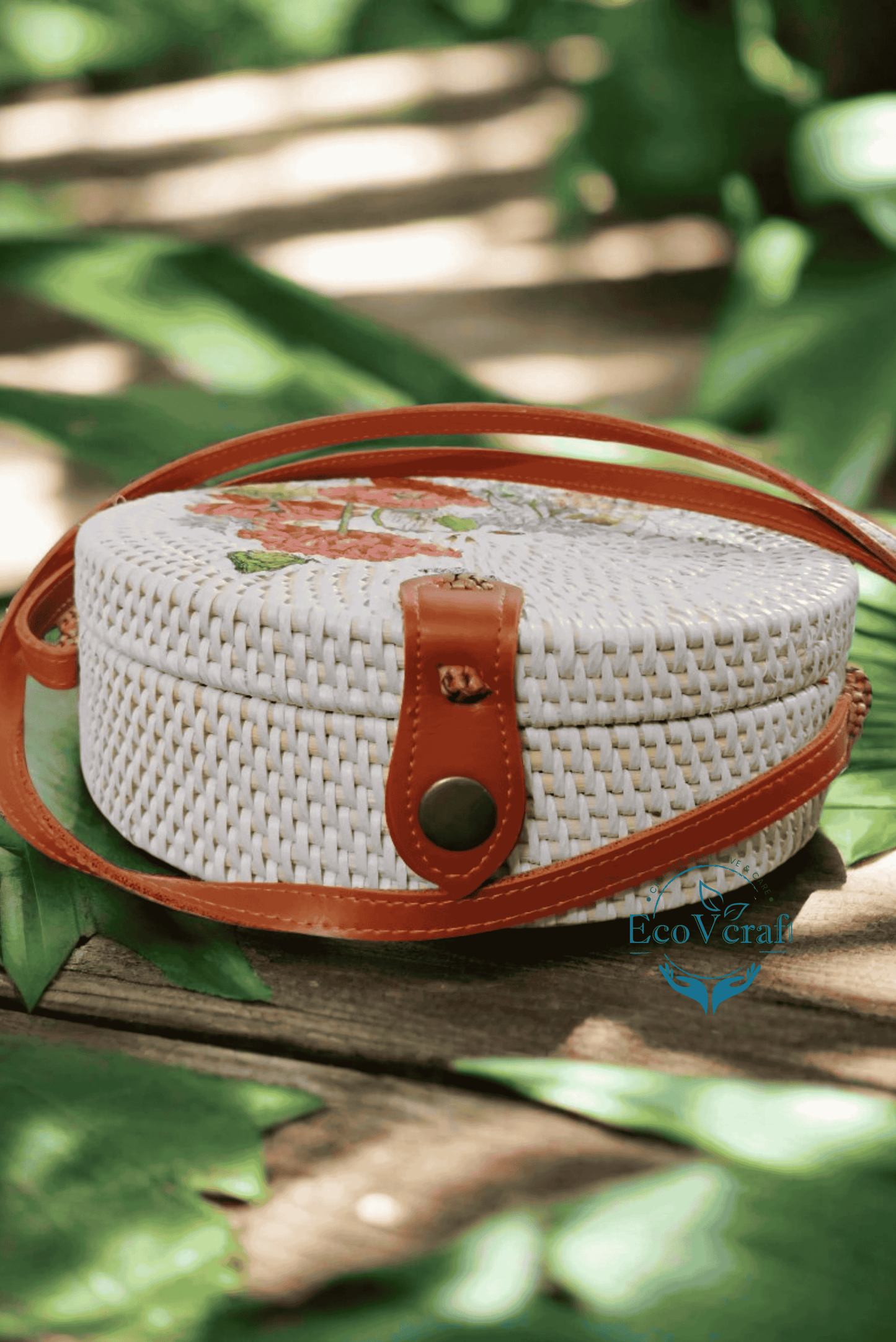 Red Flower with green qali White Round Sling Bag