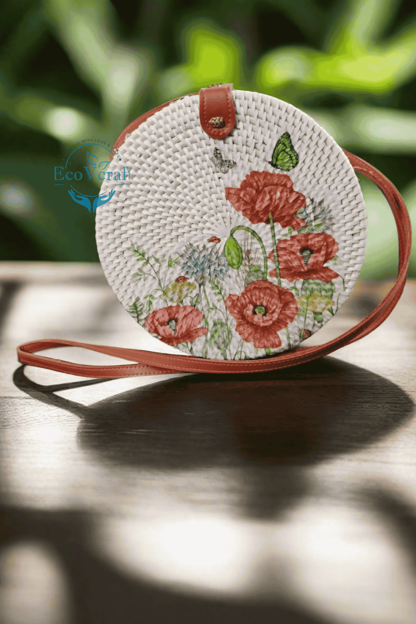 Red Flower with green qali White Round Sling Bag