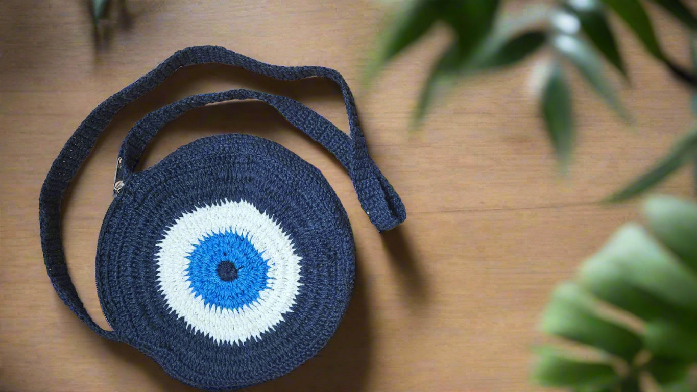 Round Evil Eye Blue Crochet Crossbody Sling bag