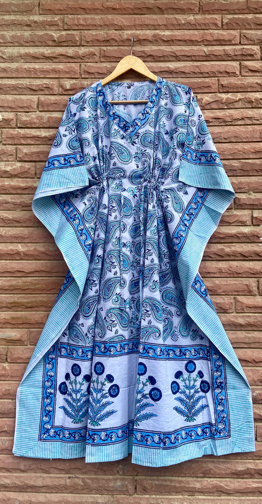 Blue Kerry Block Printed Royal Cotton Cotton Kaftan Dress / Nighty / Night Dress / Resort Wear For Women