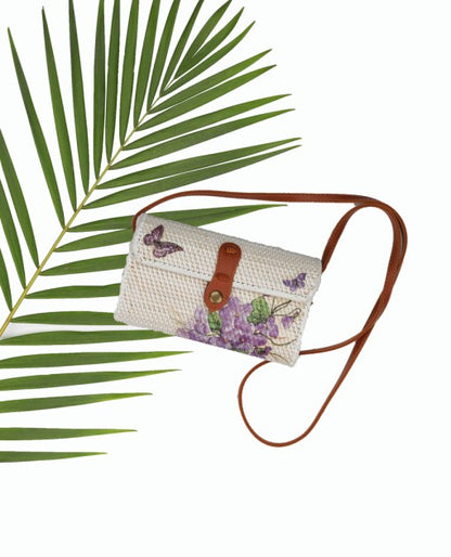 Purple flower with butterfly white rectangular bag