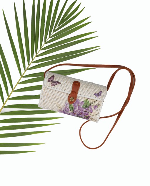 Purple flower with butterfly white rectangular Sling  bag