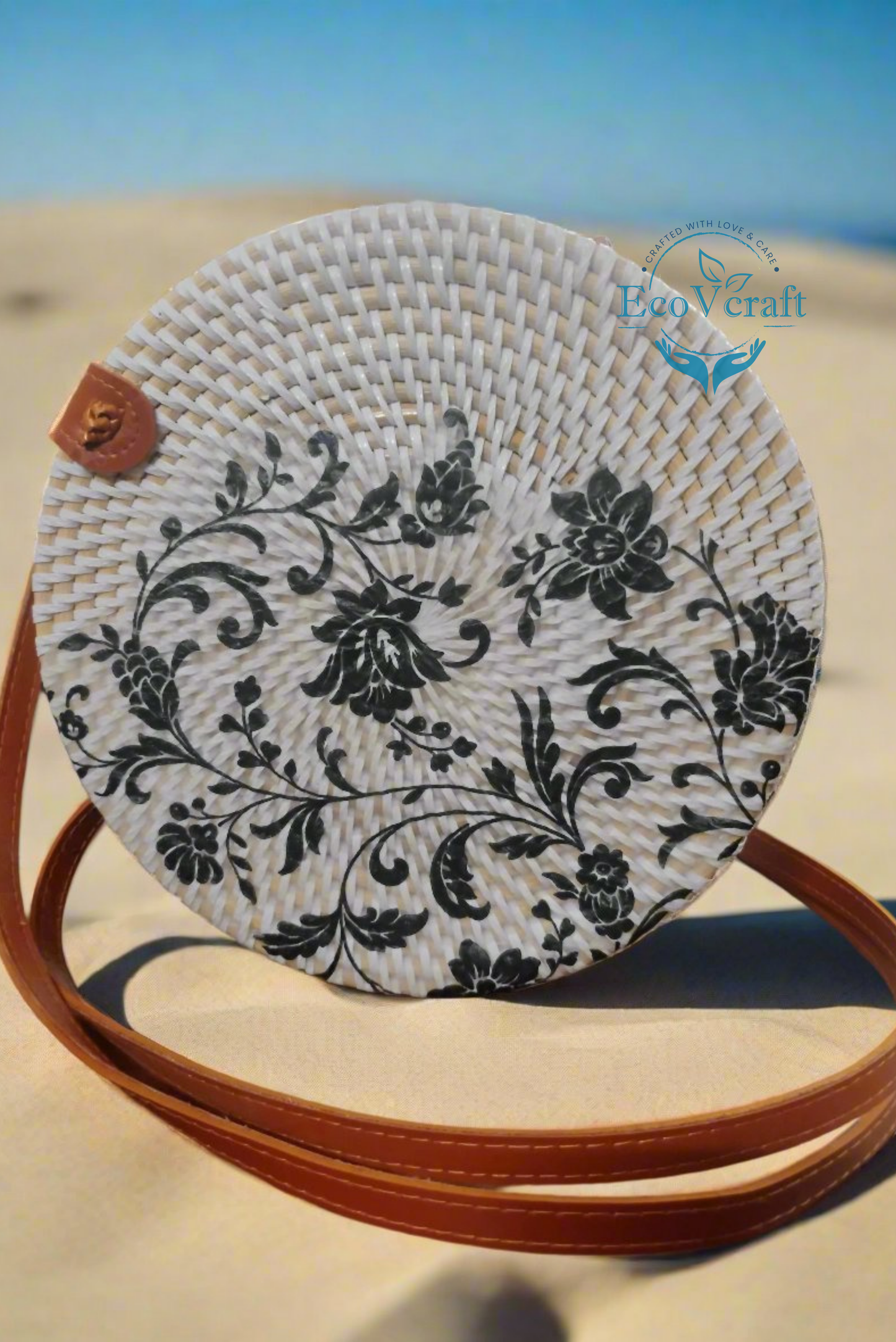 Black Flower white Round Sling Bag