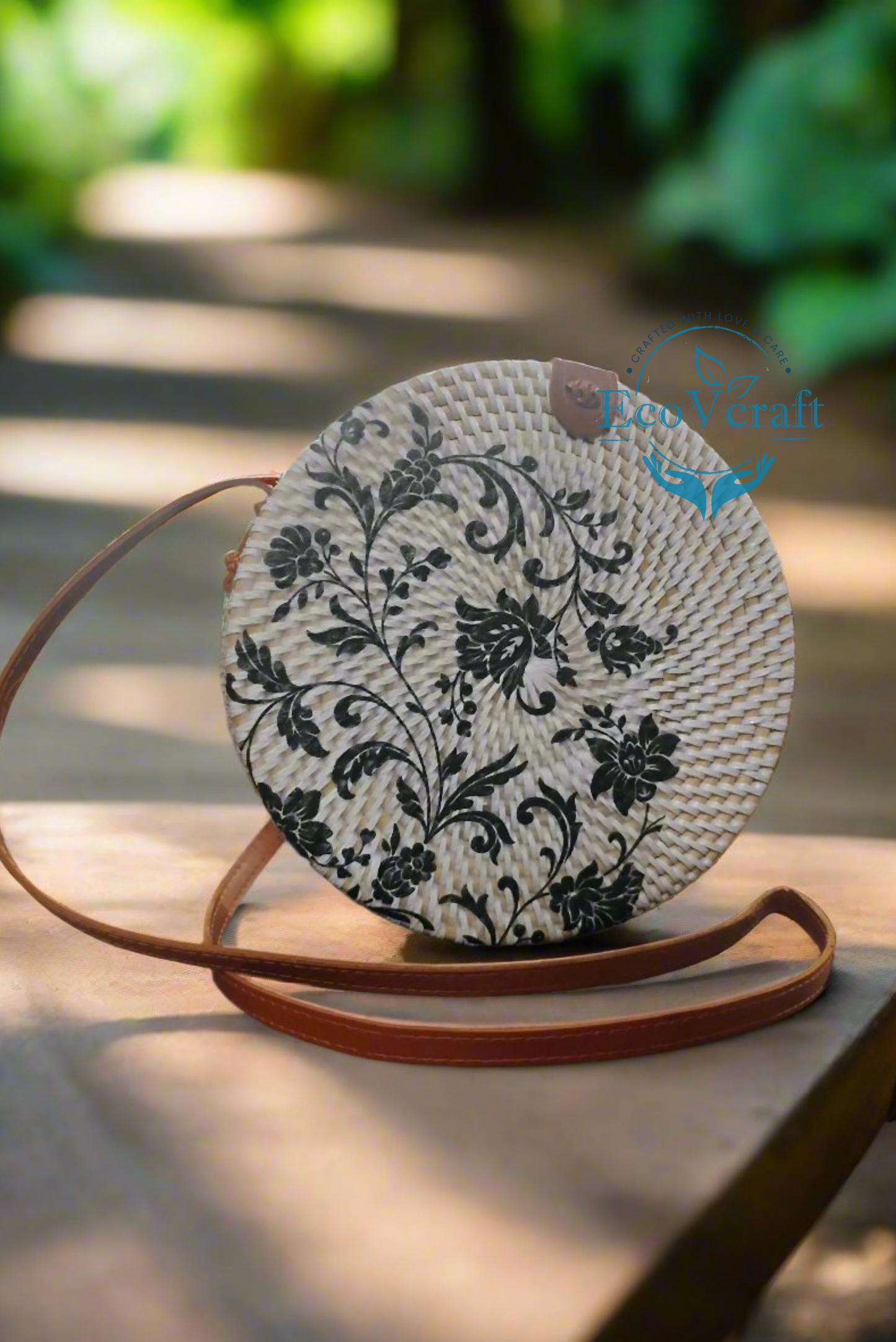 Black Flower white Round Sling Bag