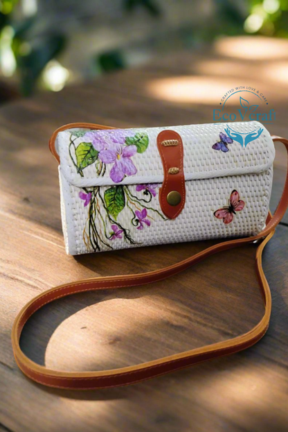 Purple Flower with Butterfly White Rectangular Sling Bag