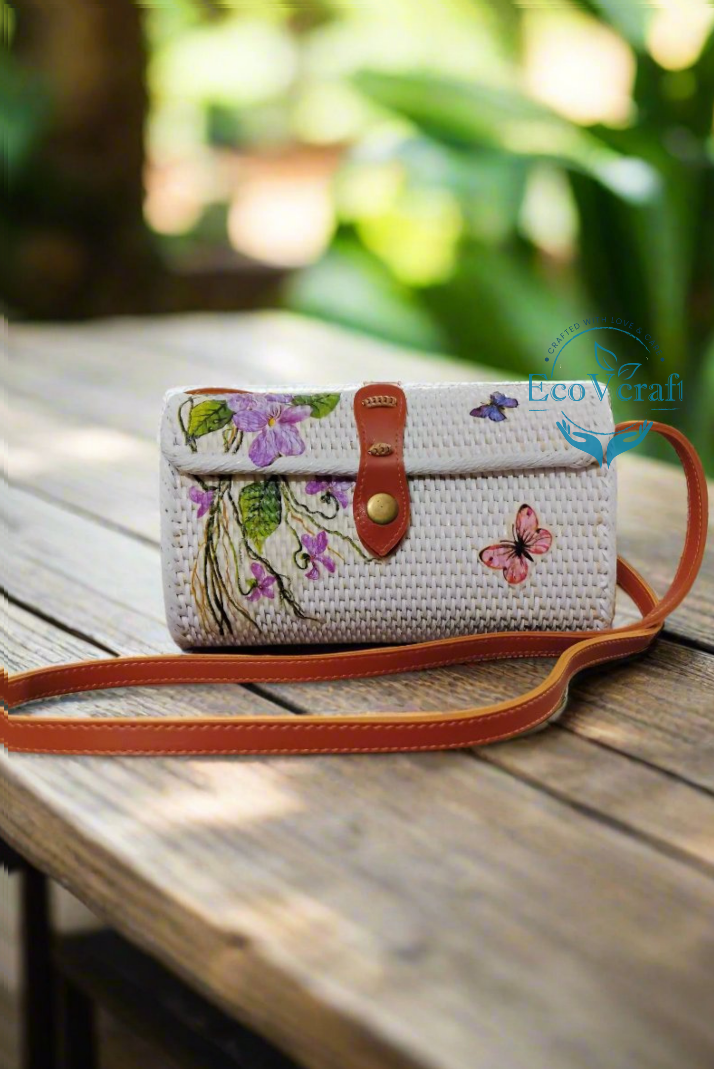 Purple Flower with Butterfly White Rectangular Sling Bag