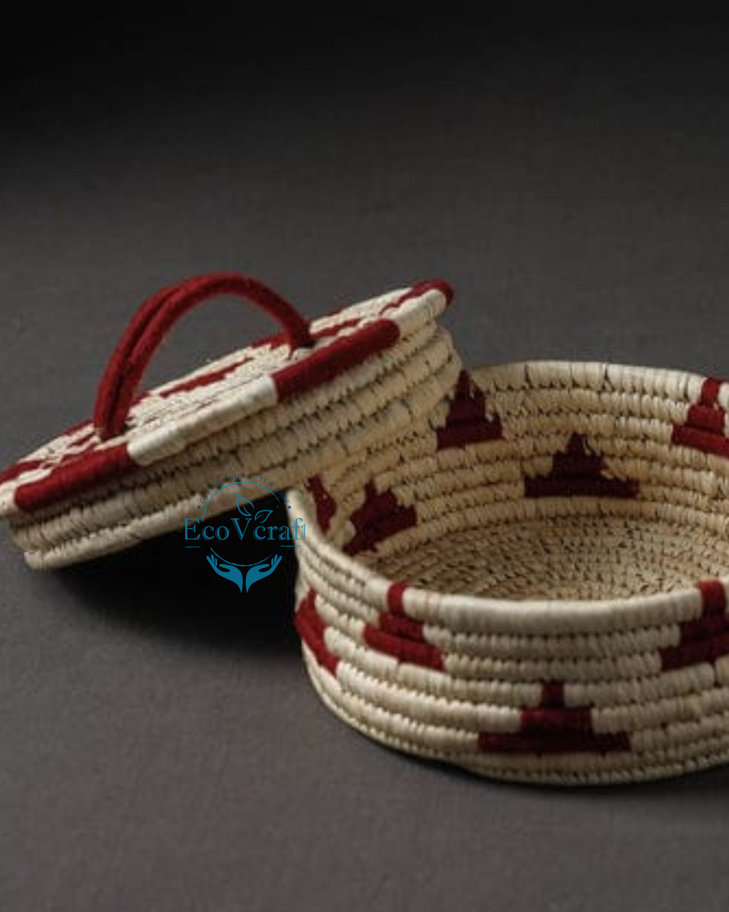 Handcrafted Sabai Grass Chapatti/Roti Box/Bread basket | Casseroles for Kitchen Dabba - Small Red Triangle & Baige