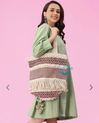 Women's Cotton Tote Woven Striped Macrame Bag