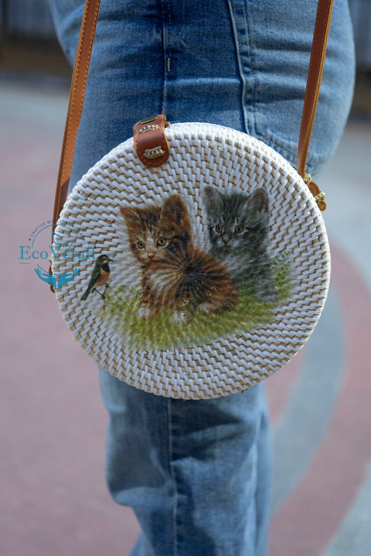 Twin Cat White Round Sling Bag