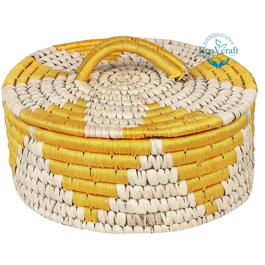 Handcrafted Sabai Grass Chapatti/Roti Box/Bread basket | Casseroles for Kitchen Dabba - Yellow Triangle & Baige