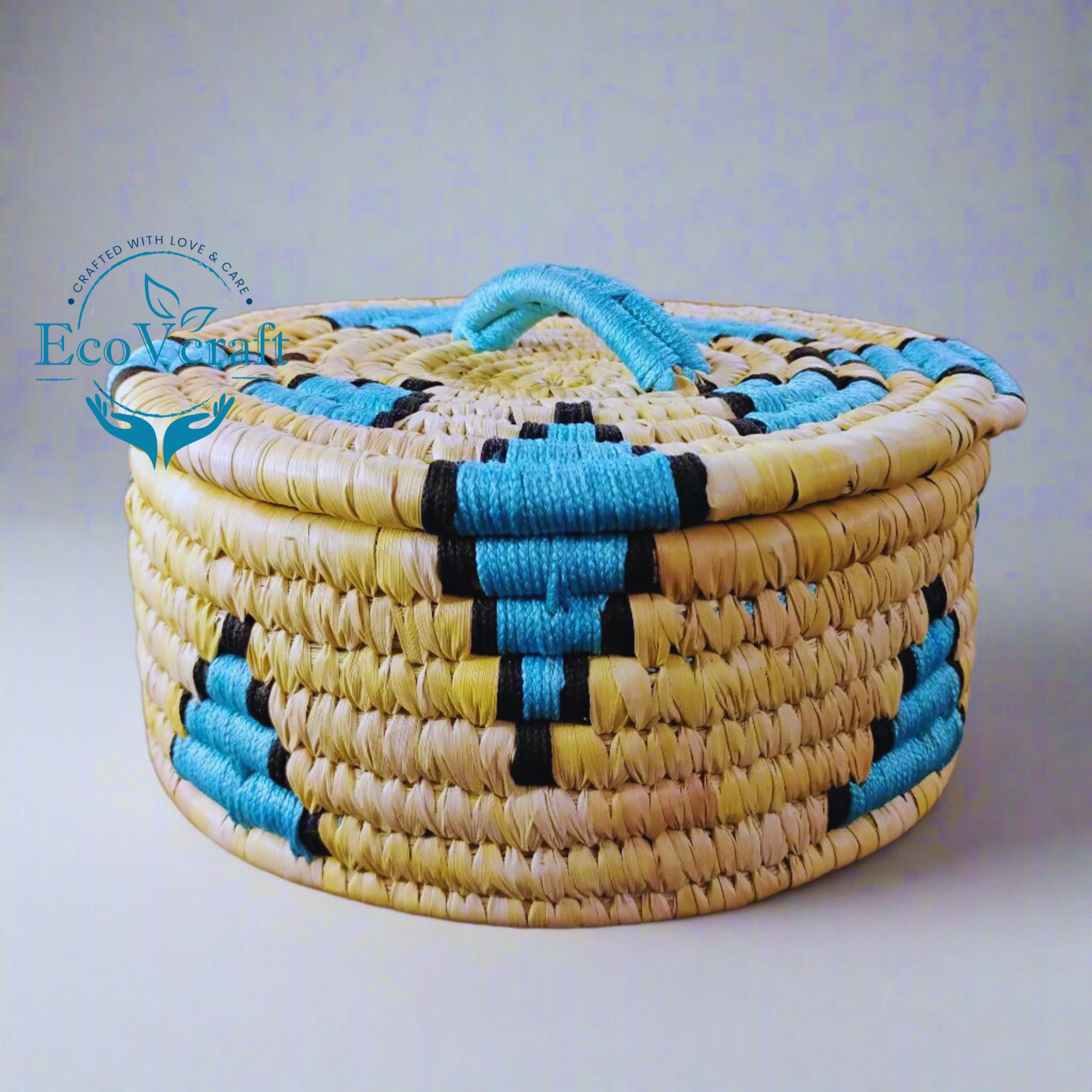 Handcrafted Sabai Grass Chapatti/Roti Box/Bread basket | Casseroles for Kitchen Dabba - Blue Black Border & Baige