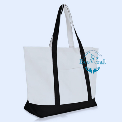 Cotton Canvas Tote Bag with Outer Pocket/ Beach Bag / Shopping Bag