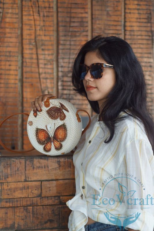 Brown Butterfly White Round Bag
