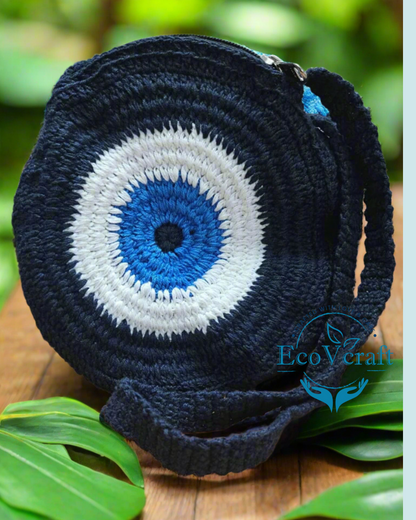 Round Evil Eye Blue Crochet Crossbody Sling bag