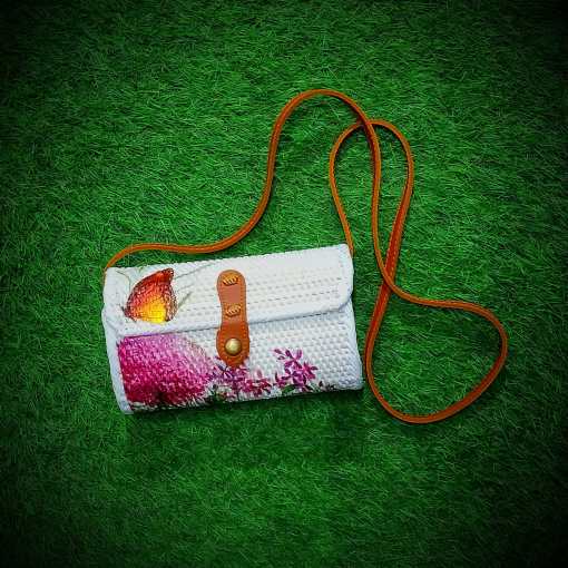 Pink flower with butterfly white rectangular bag
