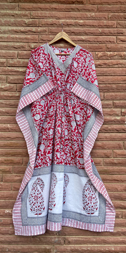 Red Floral Elegant Block Print Cotton Kaftan Dress / Nighty / Night Dress / Resort Wear For Women