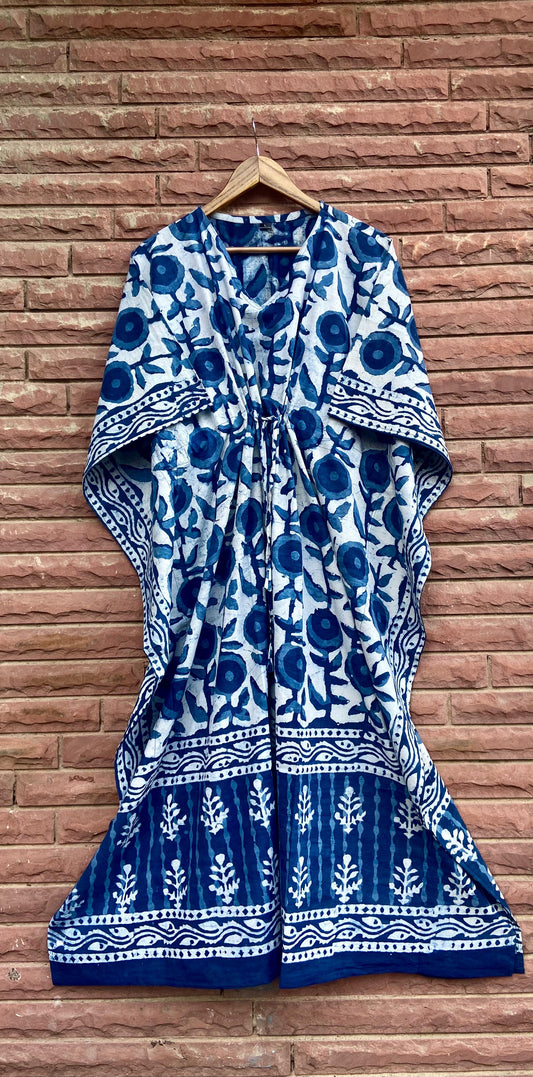 Indigo Floral Traditional Block Print Cotton Kaftan Dress / Nighty / Night Dress / Resort Wear For Women