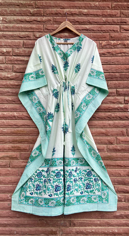 Sea Green Stylish Block Print Cotton Kaftan Dress / Nighty / Night Dress / Resort Wear For Women