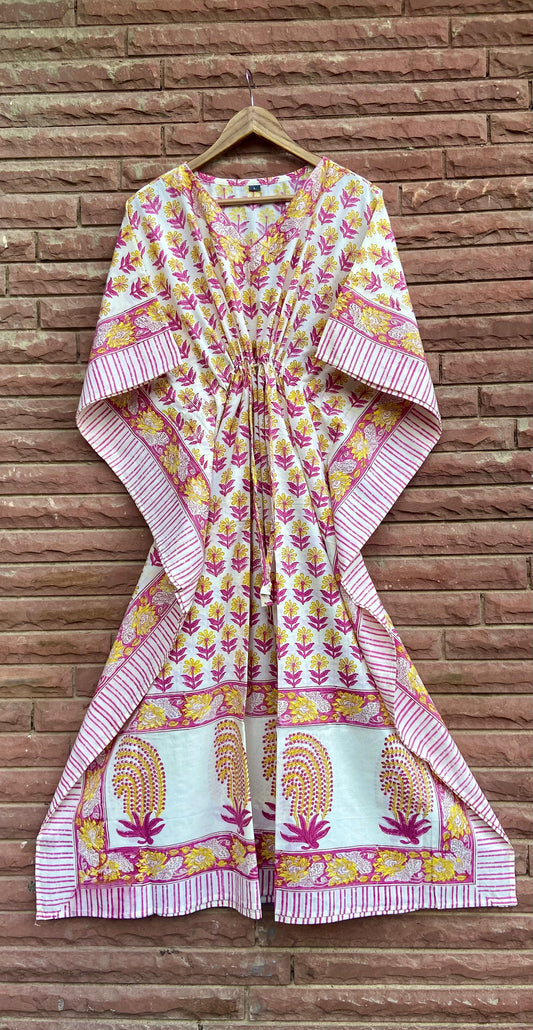 Pink & Yellow Floral Trendy Block Print Cotton Kaftan Dress / Nighty / Night Dress / Resort Wear For Women