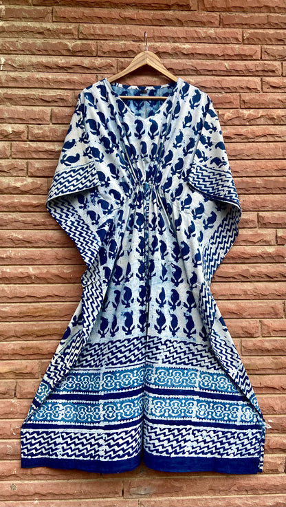 Indigo Kerry Tie Dye Block Print Cotton Kaftan Dress / Nighty / Night Dress / Resort Wear For Women