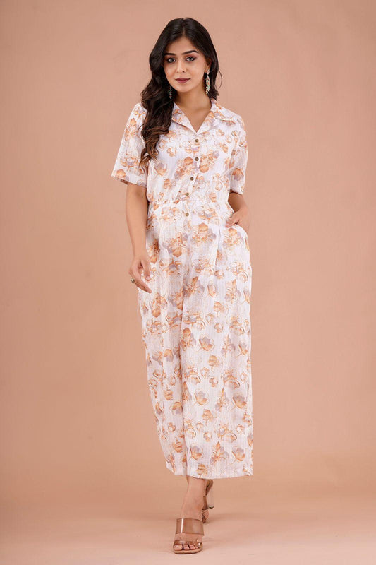 Classic Floral Print Off White Jumpsuit