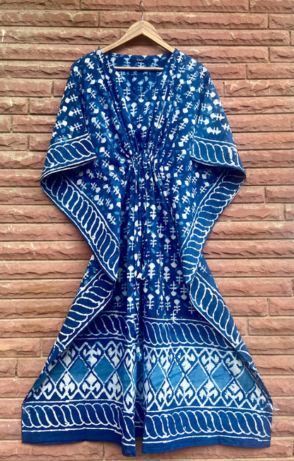 Indigo Arrow Floral Block Print Cotton Kaftan Dress / Nighty / Night Dress / Resort Wear For Women