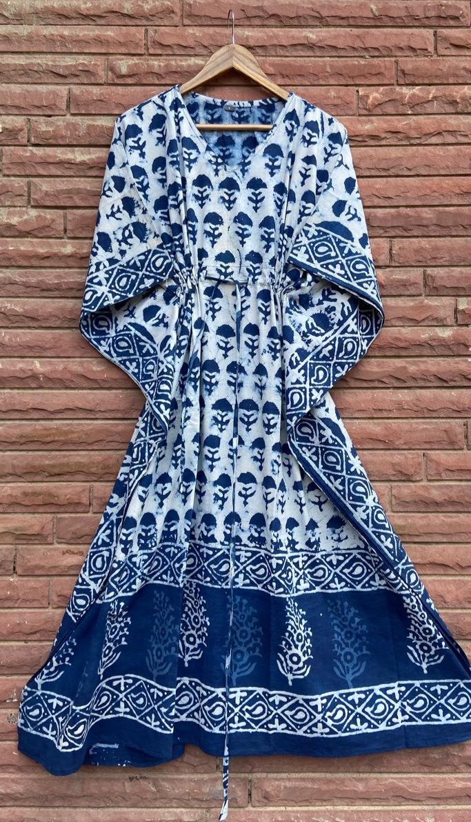 Indigo Tie Dye Flower Block Print Cotton Kaftan Dress / Nighty / Night Dress / Resort Wear For Women