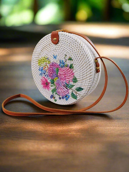 Pink Flower White Round Sling Bag