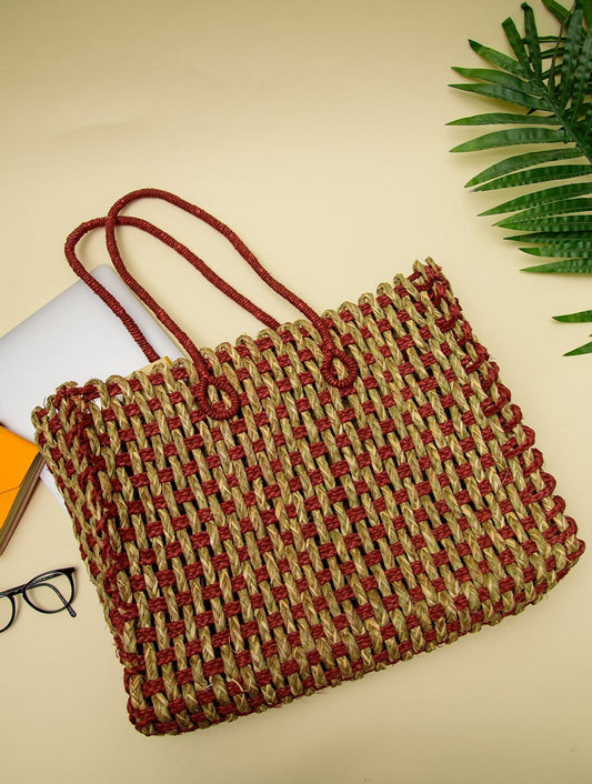 Handmade Sabai Grass Mesh Bag - Red & Natural