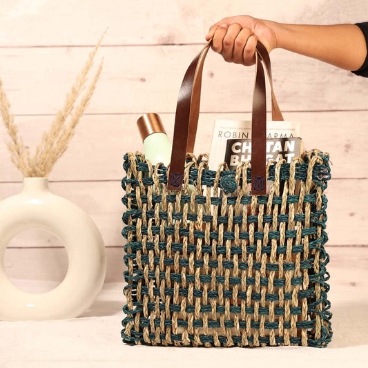 Handmade Sabai Grass Mesh Bag - Green & Natural