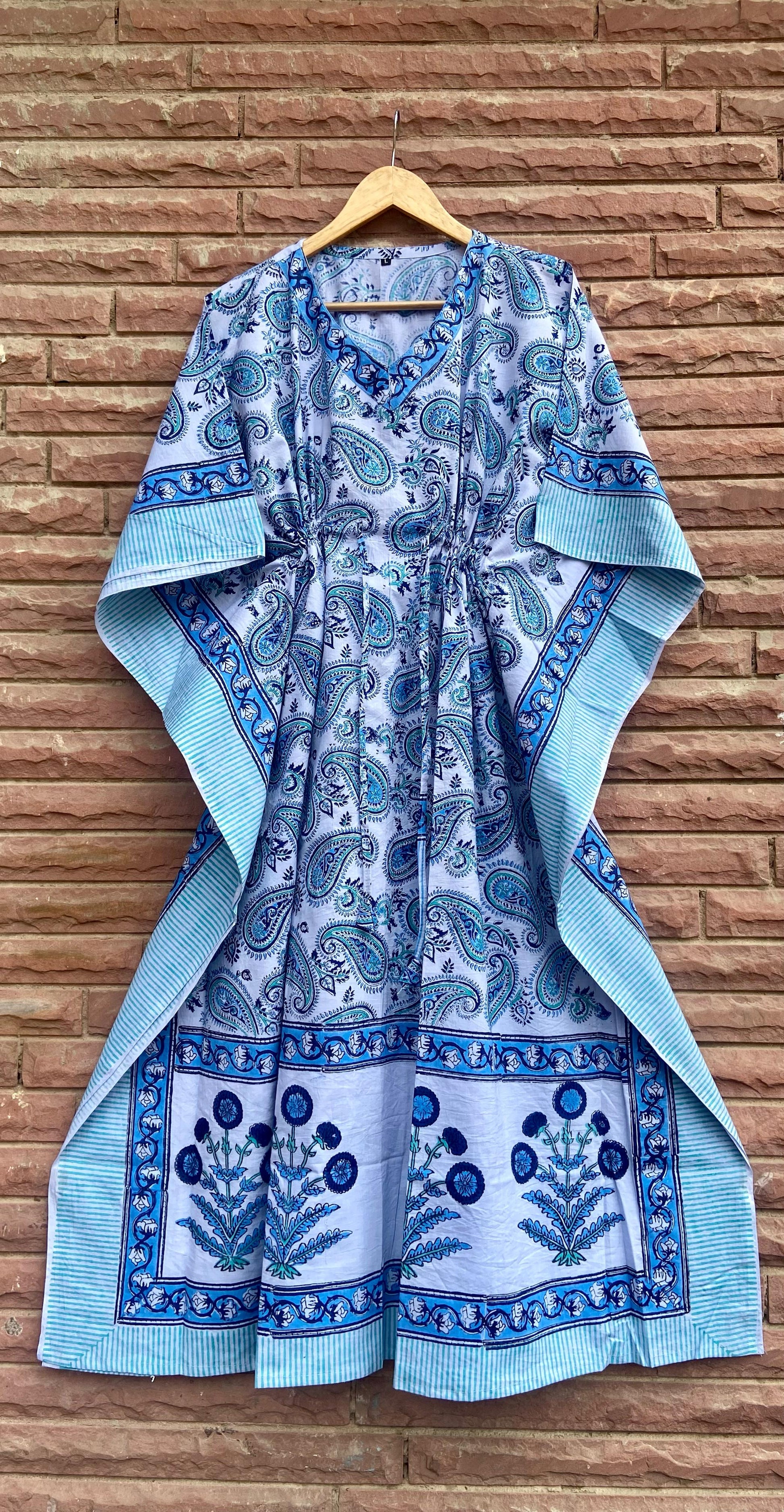 Blue Kerry Block Printed Royal Cotton Cotton Kaftan Dress / Nighty / N EcoVcraft Blue Kerry Block Printed Royal Cotton Cotton Kaftan Dress / Nighty / N EcoVcraft